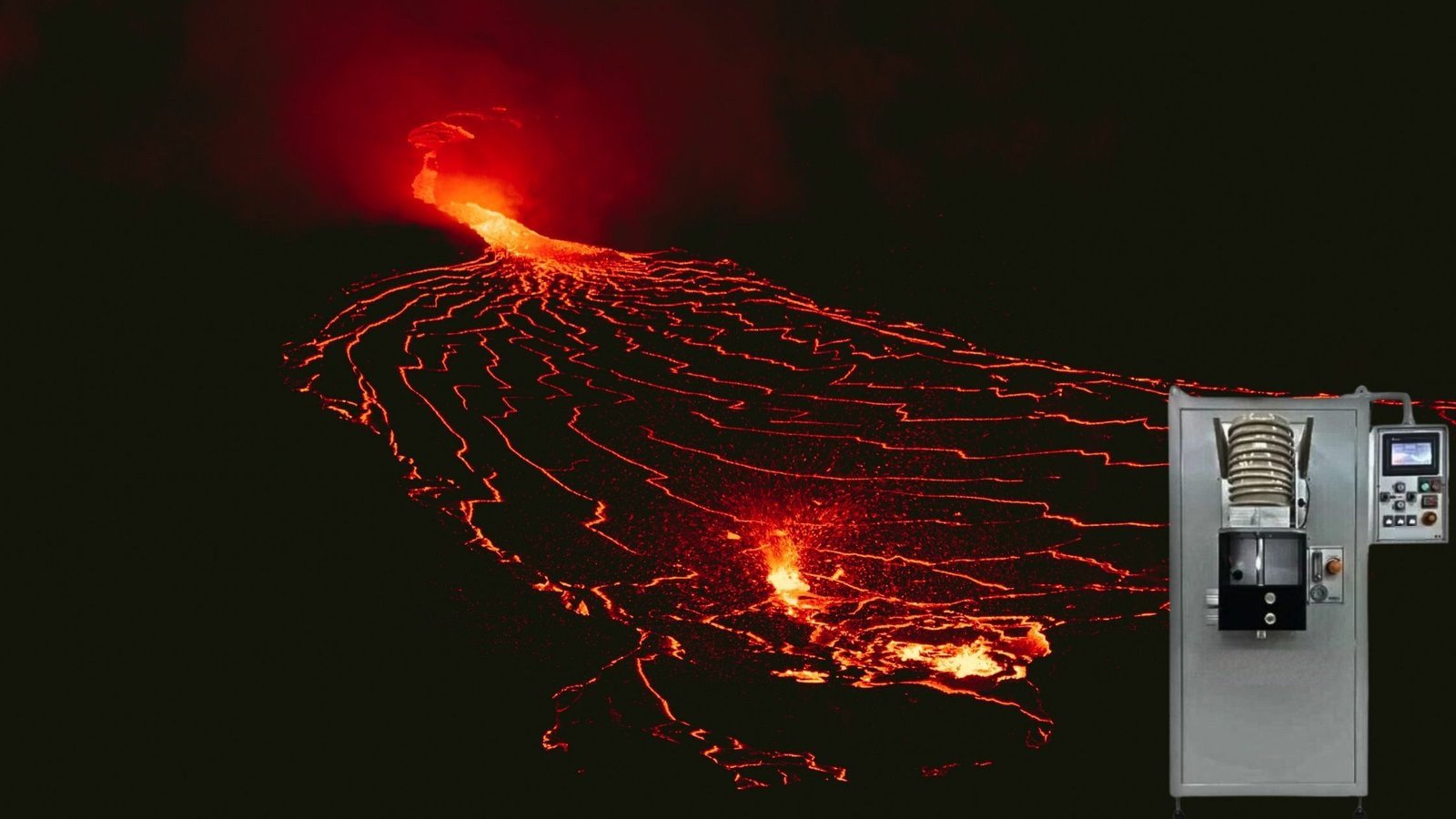 Continuous casting furnace in front of a glowing lava field