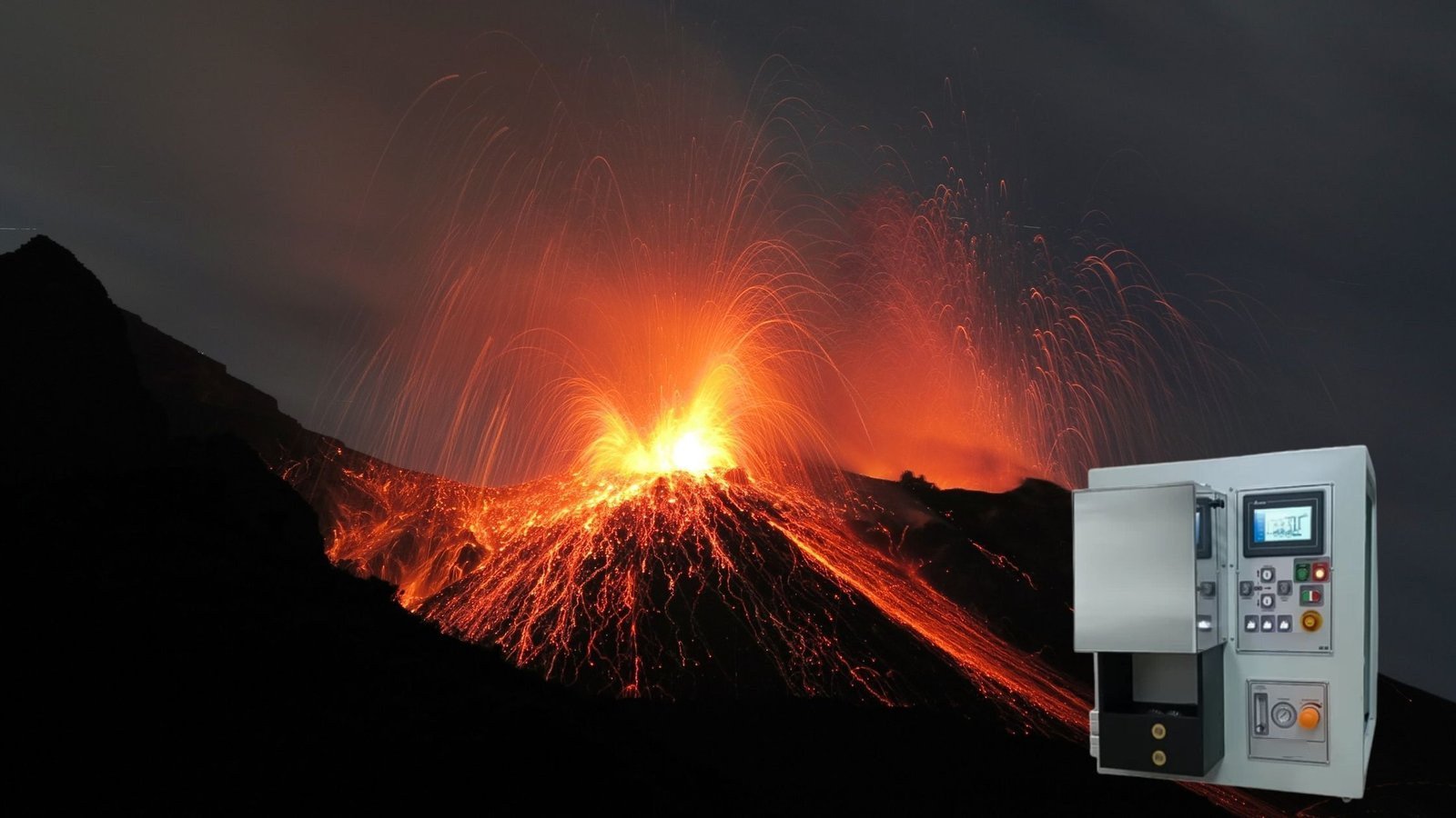 Continuous casting furnace beside an erupting volcano at night