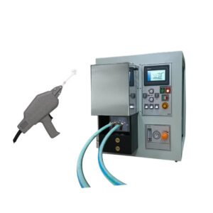 OPSOLO UBRZ hand-held induction brazing gun beside its cabinet generator and cooling hoses