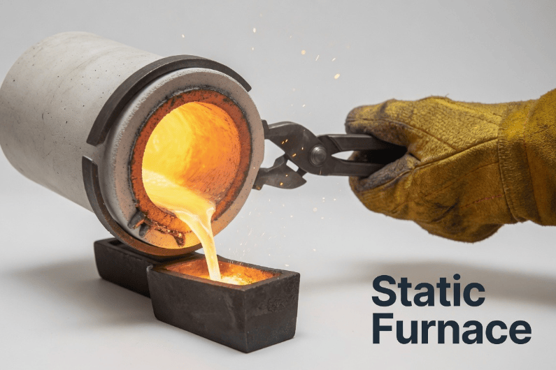 Gloved operator tilting a static furnace crucible, pouring molten metal into a bar mould