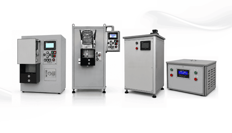 Lineup of four OPDEL induction melting and casting machines on a white background