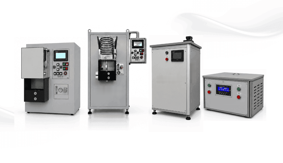 Lineup of four OPDEL induction melting and casting machines on a white background