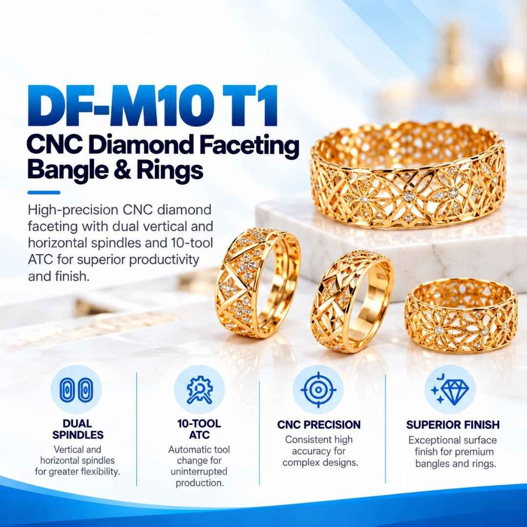 DF-M10 T1 CNC diamond faceting machine with faceted gold bangle and rings