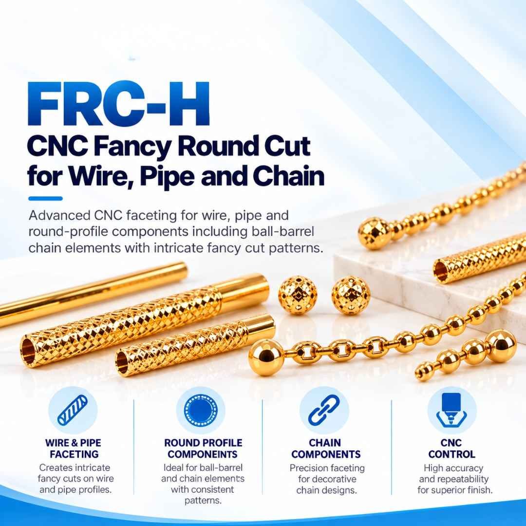 FRC-H horizontal CNC fancy round cut machine with fancy-cut gold tubes and ball chain