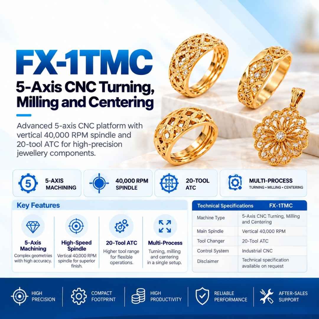 FX-1TMC 5-axis CNC turning, milling and centering machine with machined gold rings and pendant