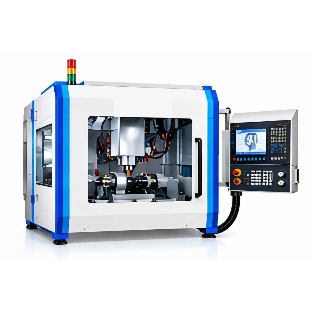 FX-2TMC 5-axis CNC turning, milling and centering machine with enclosed work area and CNC control panel